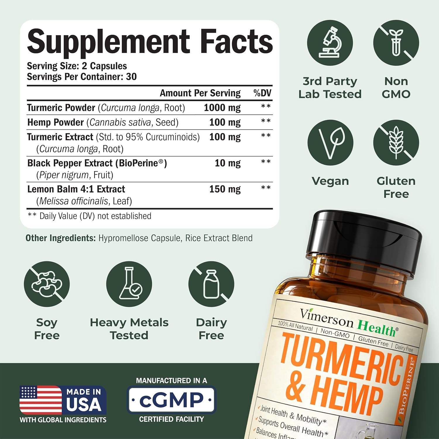 Turmeric Curcumin Supplement with Hemp Seeds & Lemon Balm Extract – Joint Health & Mobility – Calm Mood & Restful Sleep – with Black Pepper for Absorption – Joint Supplement for Men & Women - 2 Pack - Image 3