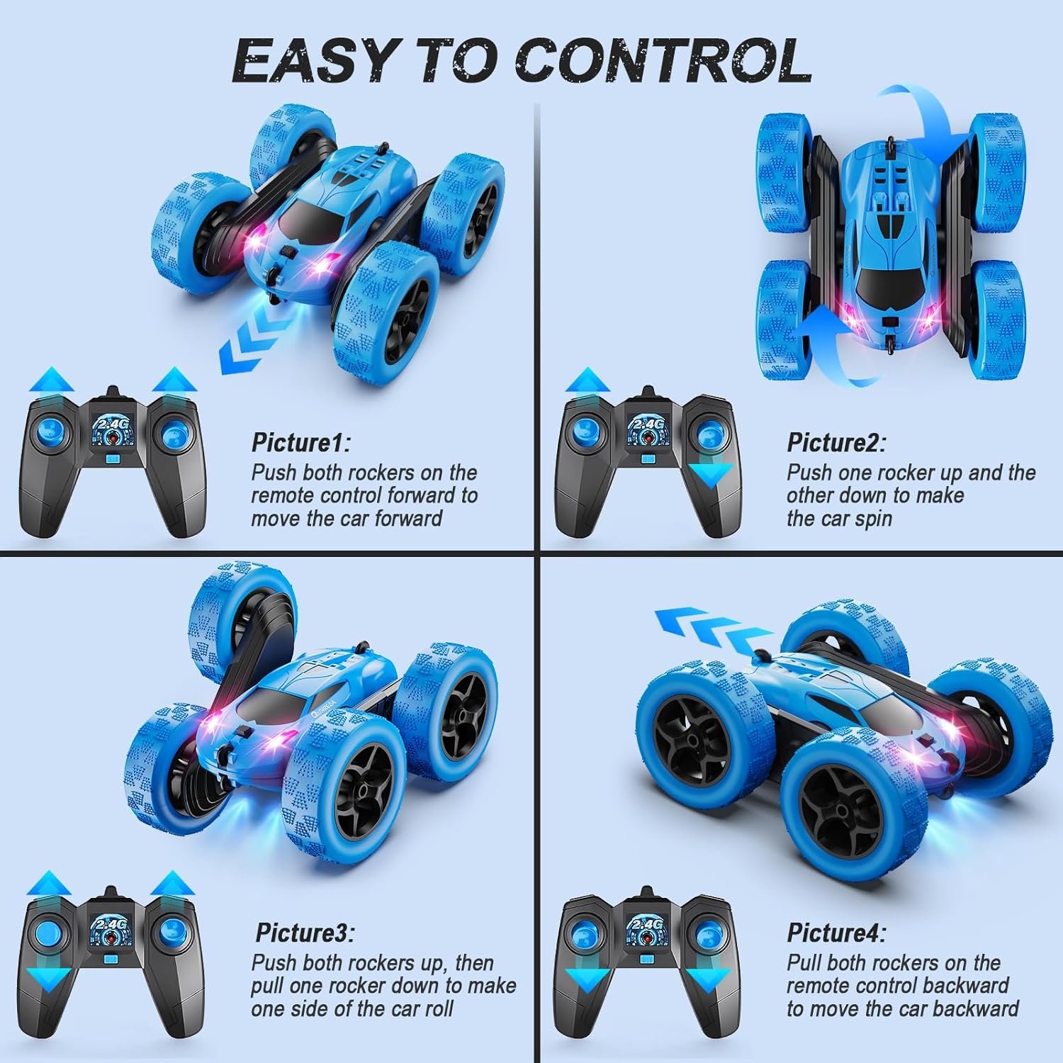 QUNREDA Remote Control Car, RC Cars Toys for Kids Ages 6-12, 4WD Stunt Car with LED Lights & 360° Flips, 2.4GHz, Upgraded USB-C Modular Batteries, 8-10 Year Old Boys Birthday Gift 1-Blue - Image 6