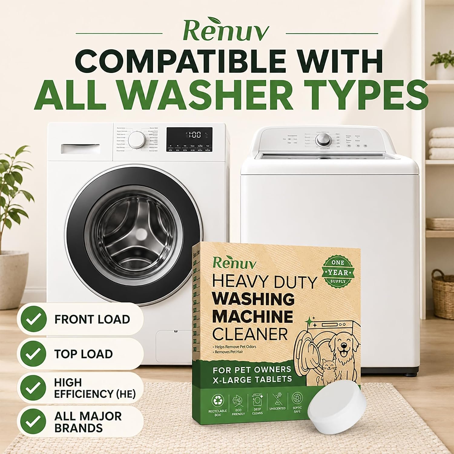 Renuv® Heavy Duty Washing Machine Cleaner For Pet Owners, 12 XL Tablets | For Dog & Cat Hair, Removes Stink, Odor, Residue, Grime, Front Load or Top Load Washer, HE and Septic Safe, 1 Year Supply - Image 6