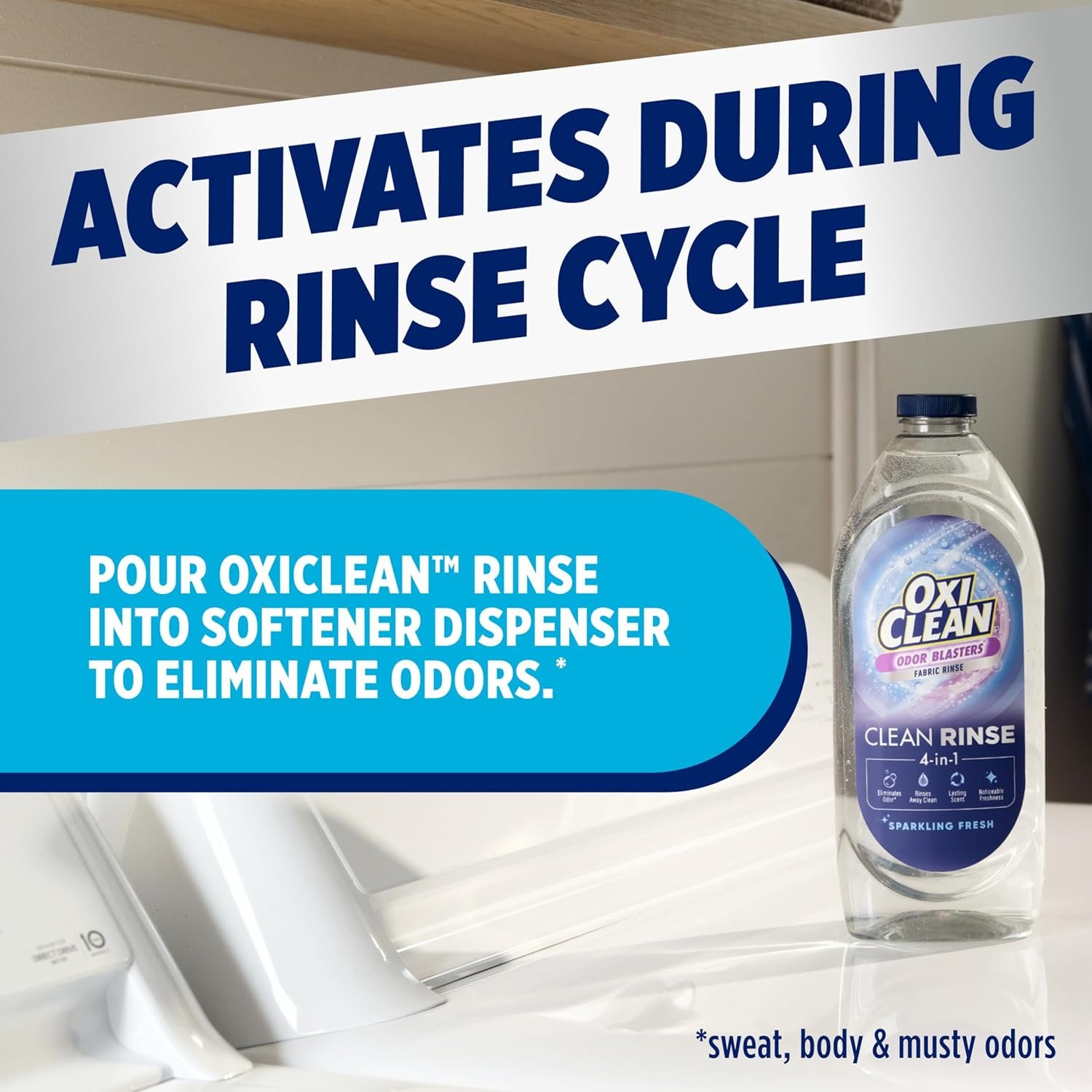 OxiClean Odor Blasters Fabric Rinse, 4-in-1 Clean Rinse Formula, Laundry Additive and Odor Eliminator for Sweat and Musty Odors, Sparkling Fresh Scent, 50 fl oz - Image 8