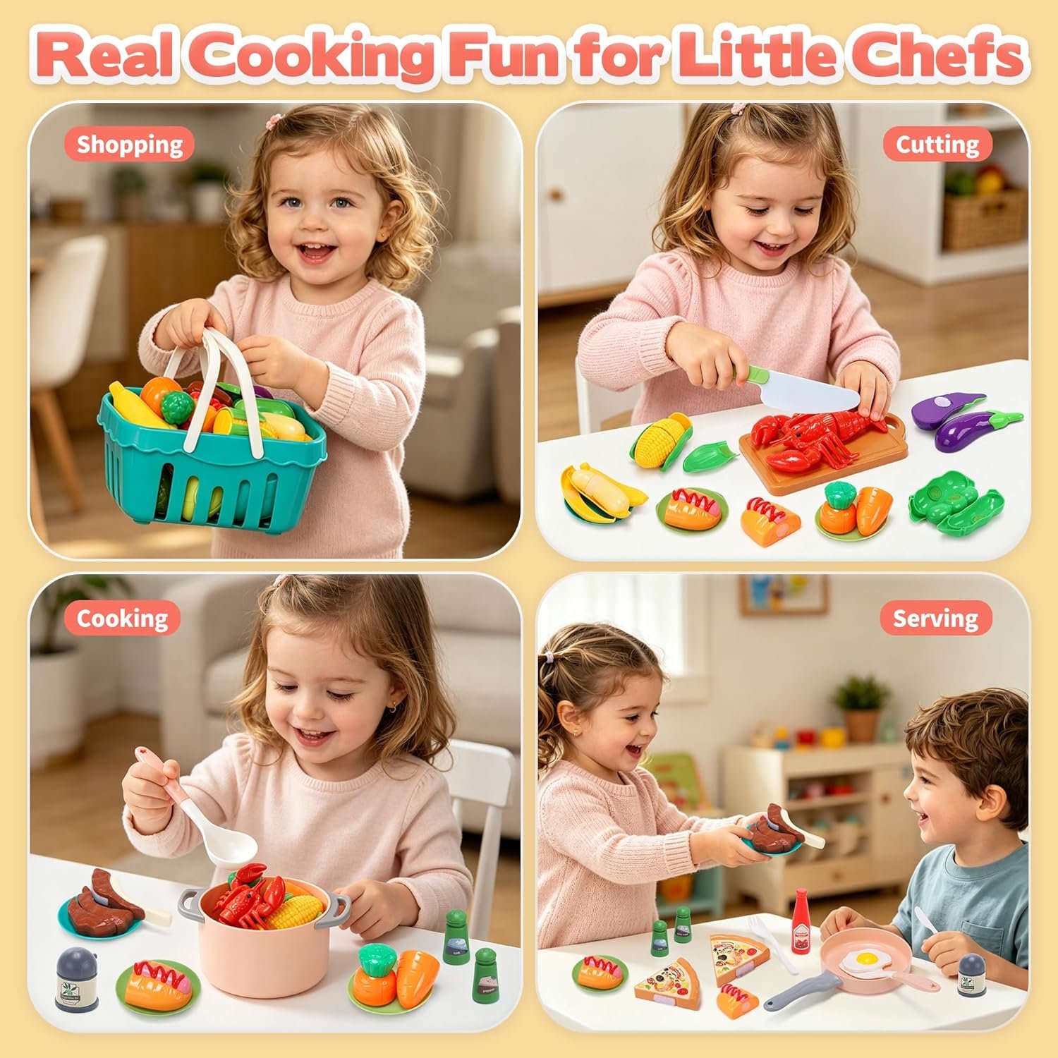 CUTE STONE Kids Kitchen Playset, 45PCS Pretend Cooking Toy Set with Play Pots & Pans, Pressure Cooker, Play Food, Cooking Utensils & Shopping Basket, Toy Kitchen Accessories Gift for Boys Girls - Image 2
