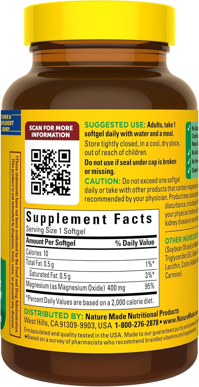 Nature Made Magnesium Oxide 400 mg Softgels, Extra Strength Magnesium Supplements for Men and Women, Support for Muscle, Nerve, Bone and Heart, 60 Day Supply - Image 8