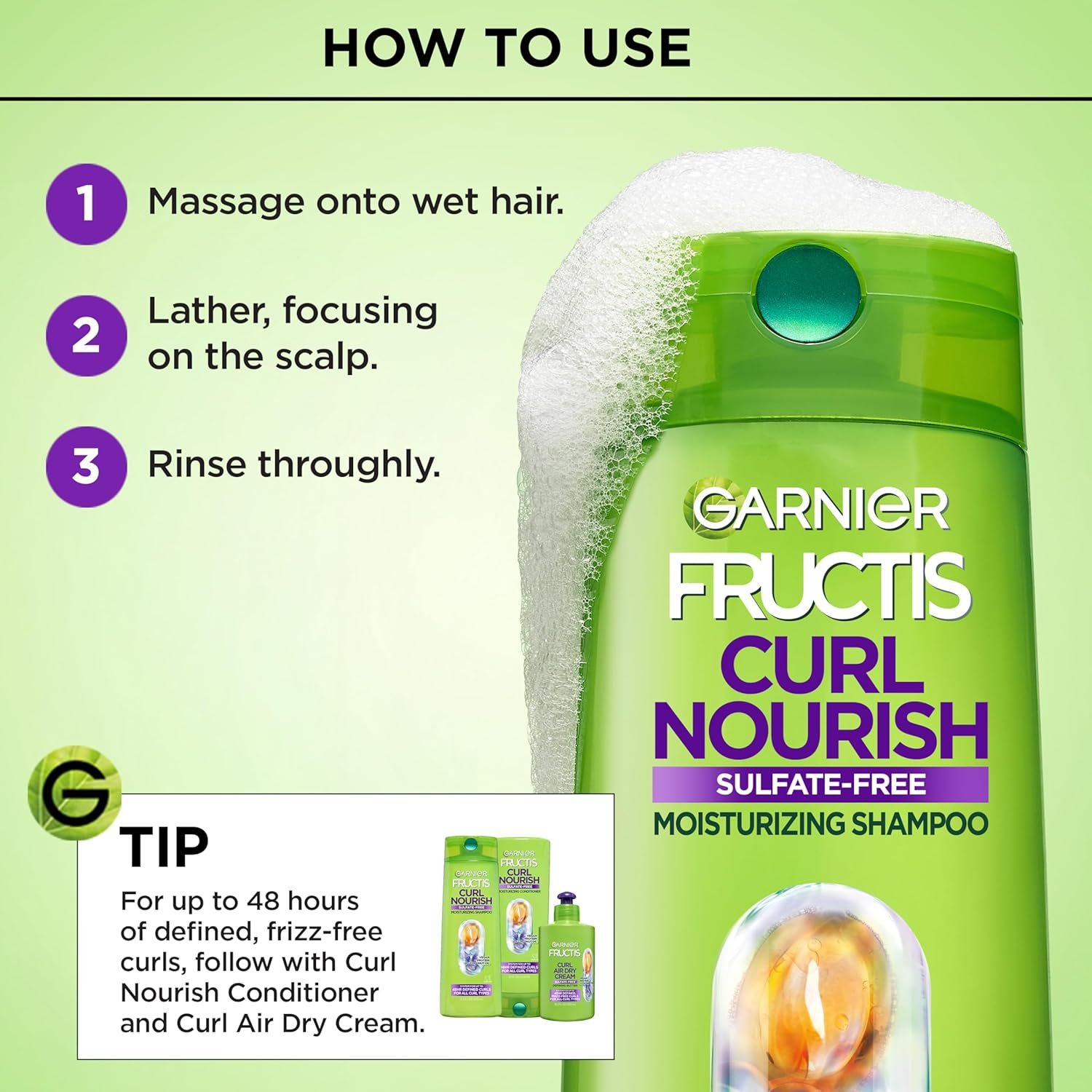 Garnier Fructis Curl Nourish Moisturizing Shampoo for Curly Hair, Plant Protein and Coconut Oil Formula, Up to 48HR of Curl Definition, Sulfate Free & Vegan, 12.5 Fl Oz (Packaging May Vary) - Image 5