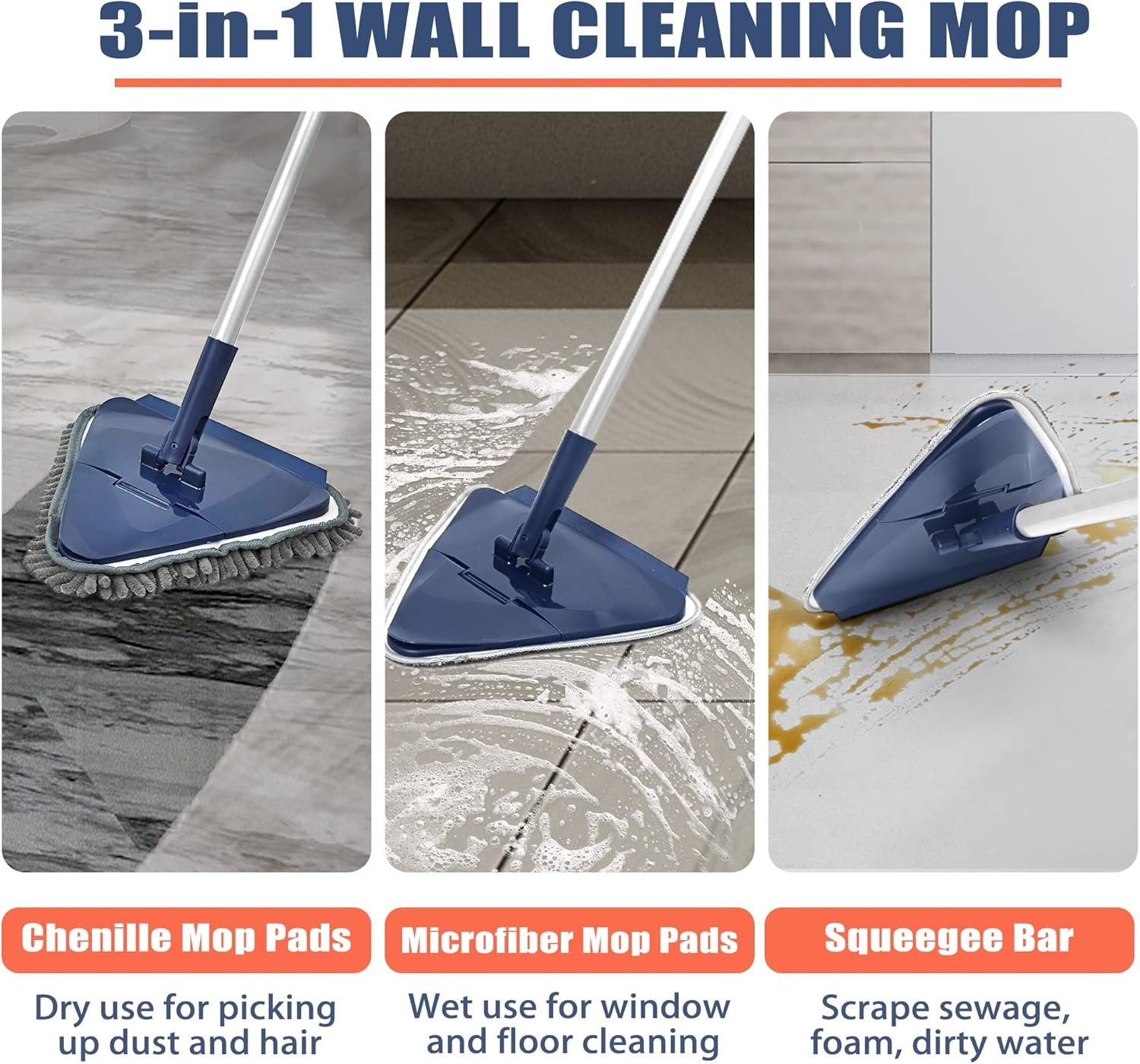 JEHONN Wall Cleaner Mop with Long Handle 82 Inches, 3-in-1 Ceiling Cleaning Tool Duster with 6 Replacement Microfiber Chenille Pads for Painted Walls, Window, Floor, Baseboard - Image 2