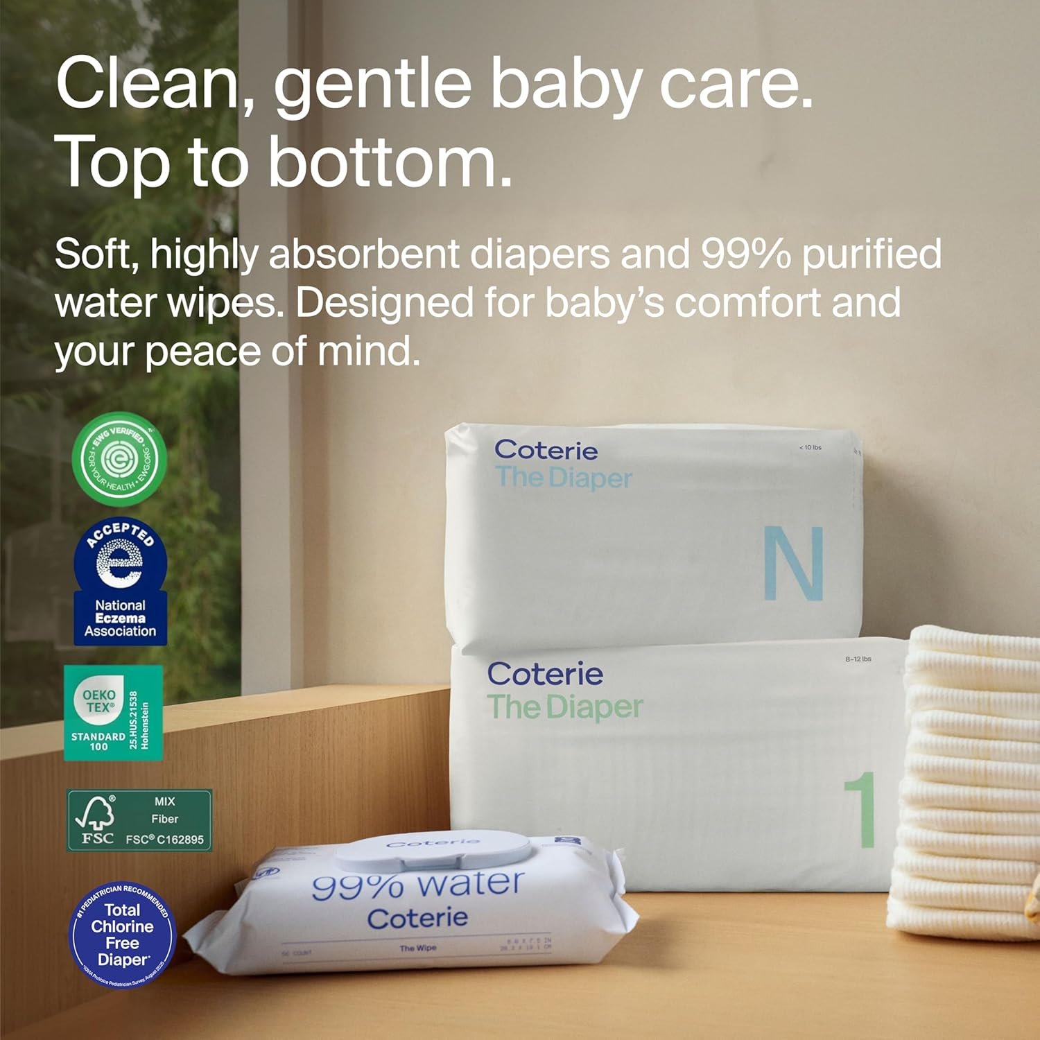 Coterie Baby Wipes + Diapers Kit, Size Newborn Diapers (186 Count) & 12 Pack (672 Count) Baby Wipes with 99% Water, Plant Based Materials, Hypoallergenic for Sensitive Skin - Image 2
