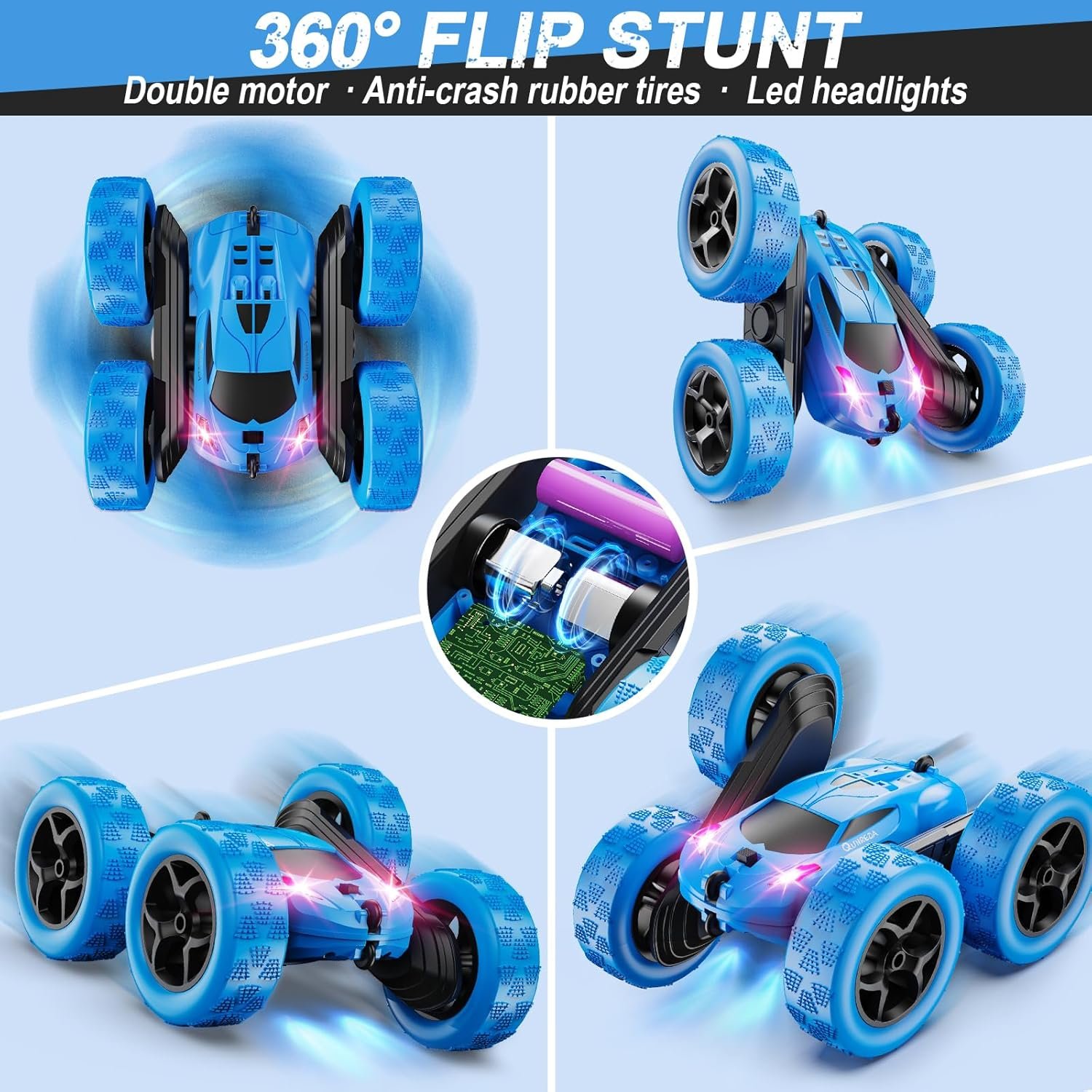 QUNREDA Remote Control Car, RC Cars Toys for Kids Ages 6-12, 4WD Stunt Car with LED Lights & 360° Flips, 2.4GHz, Upgraded USB-C Modular Batteries, 8-10 Year Old Boys Birthday Gift 1-Blue - Image 4