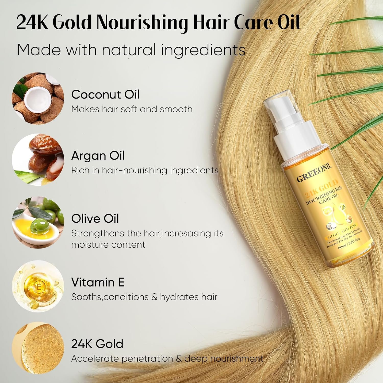 GREEONIL Hair Oil with Argan Oil, Coconut Oil, Olive Oil, Vitamin E for Nourish Hair, Smooth Frizz, Add Shine, Hair Treatment Oil for Women Men Frizzy Damaged Fine Curly Hair, Leave-in, 2Pack - Image 2
