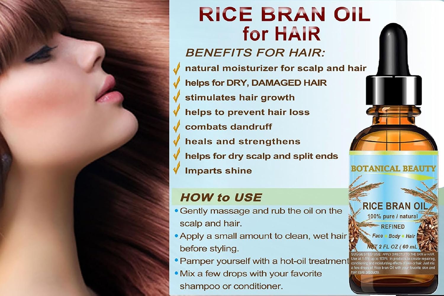 Botanical Beauty RICE BRAN OIL 100% Pure Natural Refined Undiluted Cold Pressed Carrier Oil for Face, Skin, Body, Hair, Massage, Nails. (4 Fl Oz) - Image 4