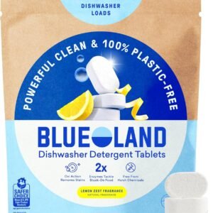 BLUELAND 100% Plastic-Free Dishwasher Detergent Tablets, 60 Count, Lemon Zest Scent, Eco Friendly Dishwashing Pods, Cuts Grease & Stuck on Food, Rinses Clean for Streak-Free Shine