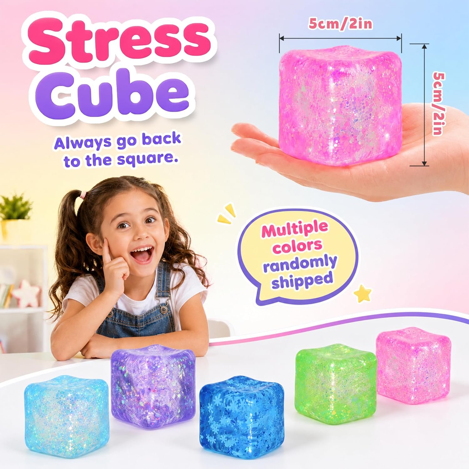 Cube Shaped Squeeze Balls, Super Solid Squishy Stress Relief Toys, Glitter Filled Squeeze Toys,Anxiety Relief Toys for Teens & Adults, Desk Fidget Decor (Blue-A) - Image 2