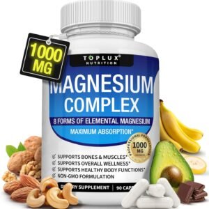 Magnesium Complex Supplement 8 Elemental 1000mg – Magnesium Glycinate, Citrate, Malate, Taurate, Chelated for Easy Absorption for Bones, Muscle, Recovery, Energy, Vegan Non-GMO 90 Capsules