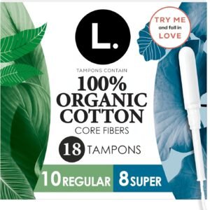 L. Tampons, Made with Organic Cotton, Regular/Super Absorbency, Multipack, Made Without Synthetic Pesticides, Rayon or Fragrances, Applicator Made Without BPA, Leak-Stopping Design, 18 Count
