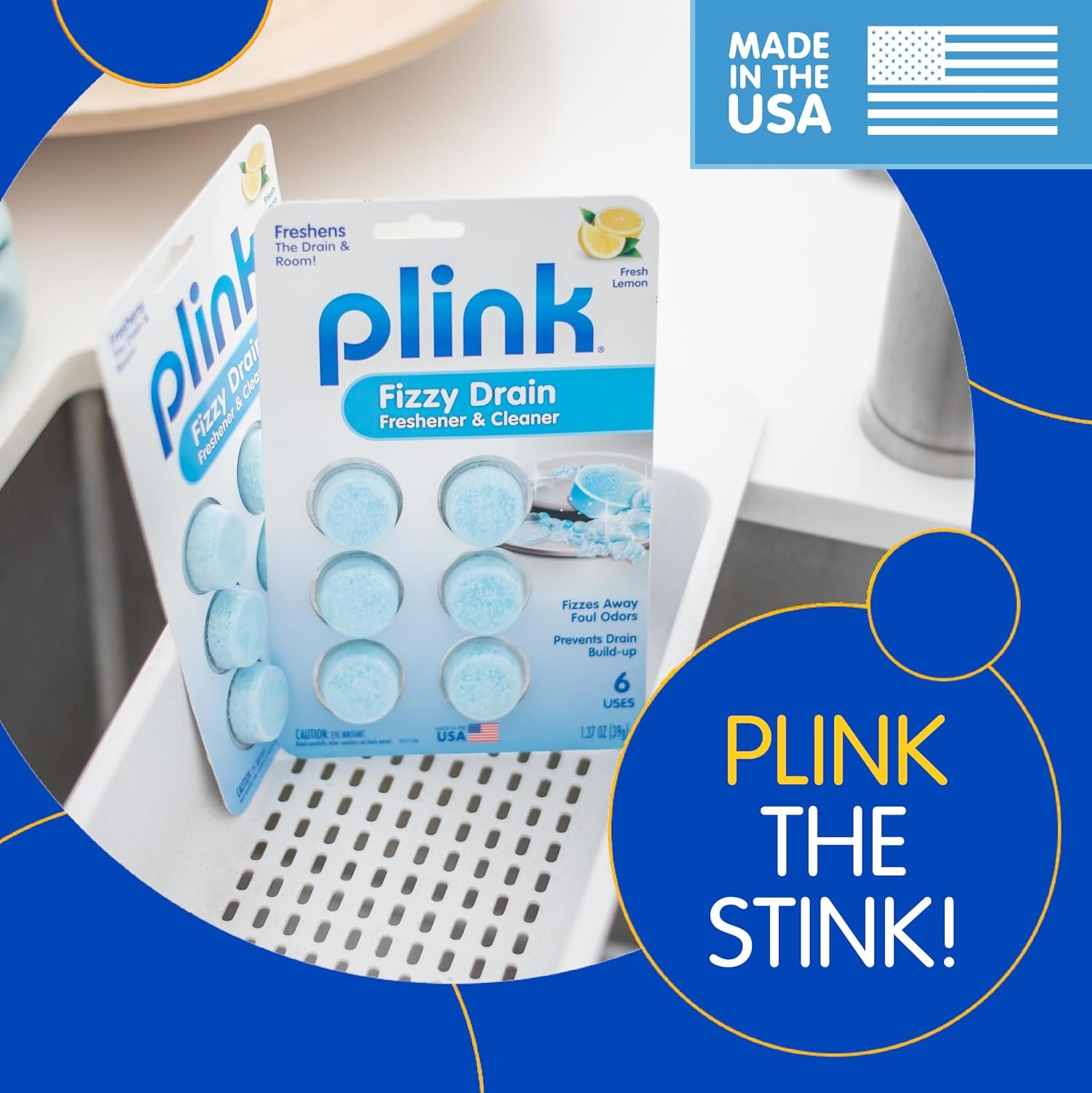 Plink Fizzy Drain Cleaner and Freshener, Prevents Drain Clogs and Buildup, Removes Odors from Bathroom and Kitchen Sinks, Septic-Friendly, Made in the USA, Lemon Scent, 18 Tablets - Image 7