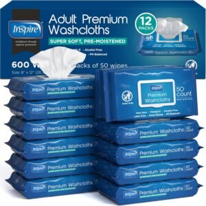 Inspire Adult Wet Wipes, Wash Cloths | Adult Wipes for Incontinence & Cleansing for Elderly, 8″x12″ Count 12 packs of 50