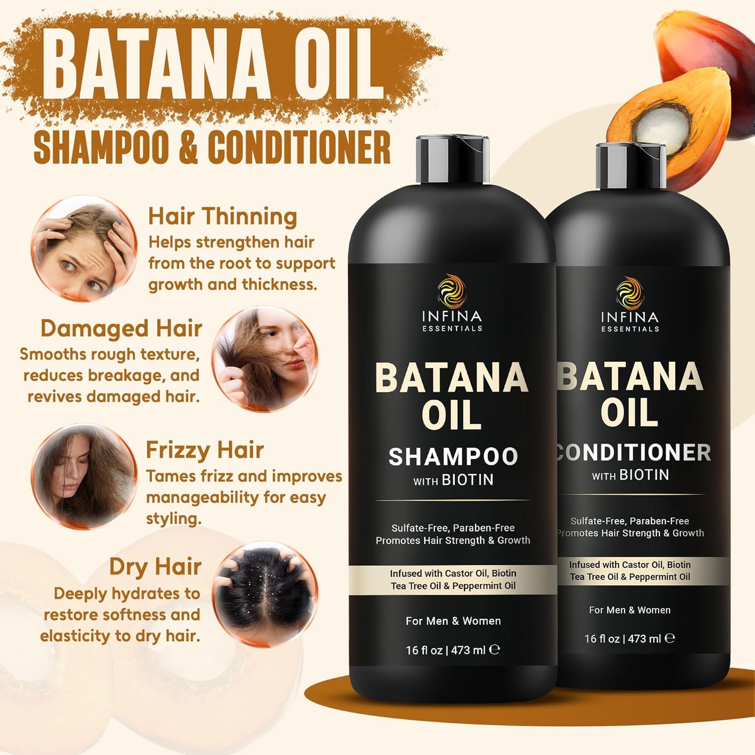INFINA ESSENTIALS Batana Oil Shampoo and Conditioner Set | 16 fl oz Each | with Biotin & Tea Tree | Moisturizing, Strengthening & Nourishing Formula | Promotes Hair Growth and Thickness - Image 2