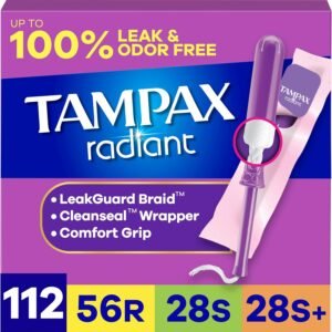Tampax Radiant Tampons for Women Multipack, with LeakGuard Braid, Regular/Super/Super Plus Absorbency, Unscented, 112 Count (4 Packs of 28), Packaging May Vary