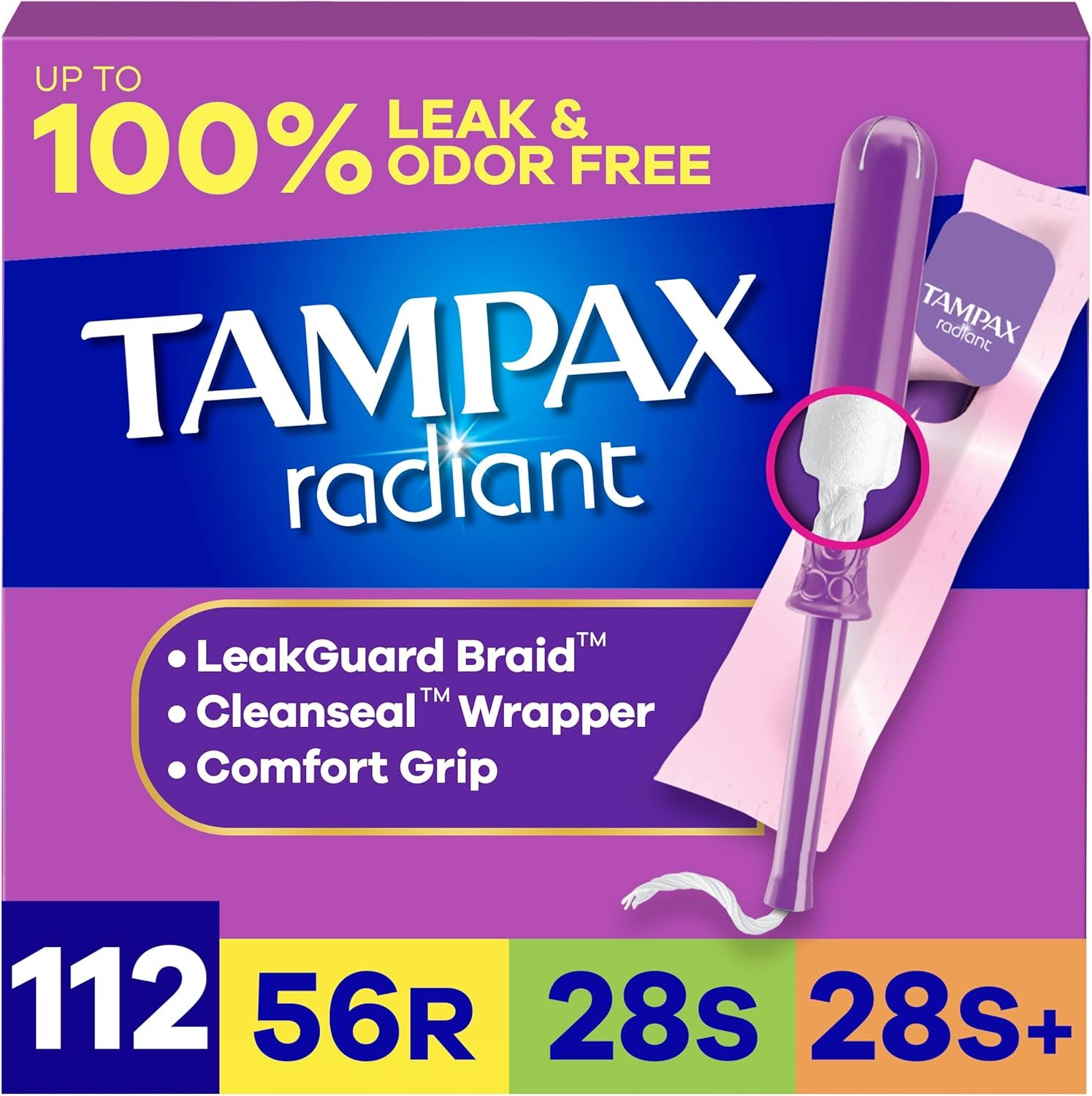 Tampax Radiant Tampons for Women Multipack, with LeakGuard Braid, Regular/Super/Super Plus Absorbency, Unscented, 112 Count (4 Packs of 28), Packaging May Vary