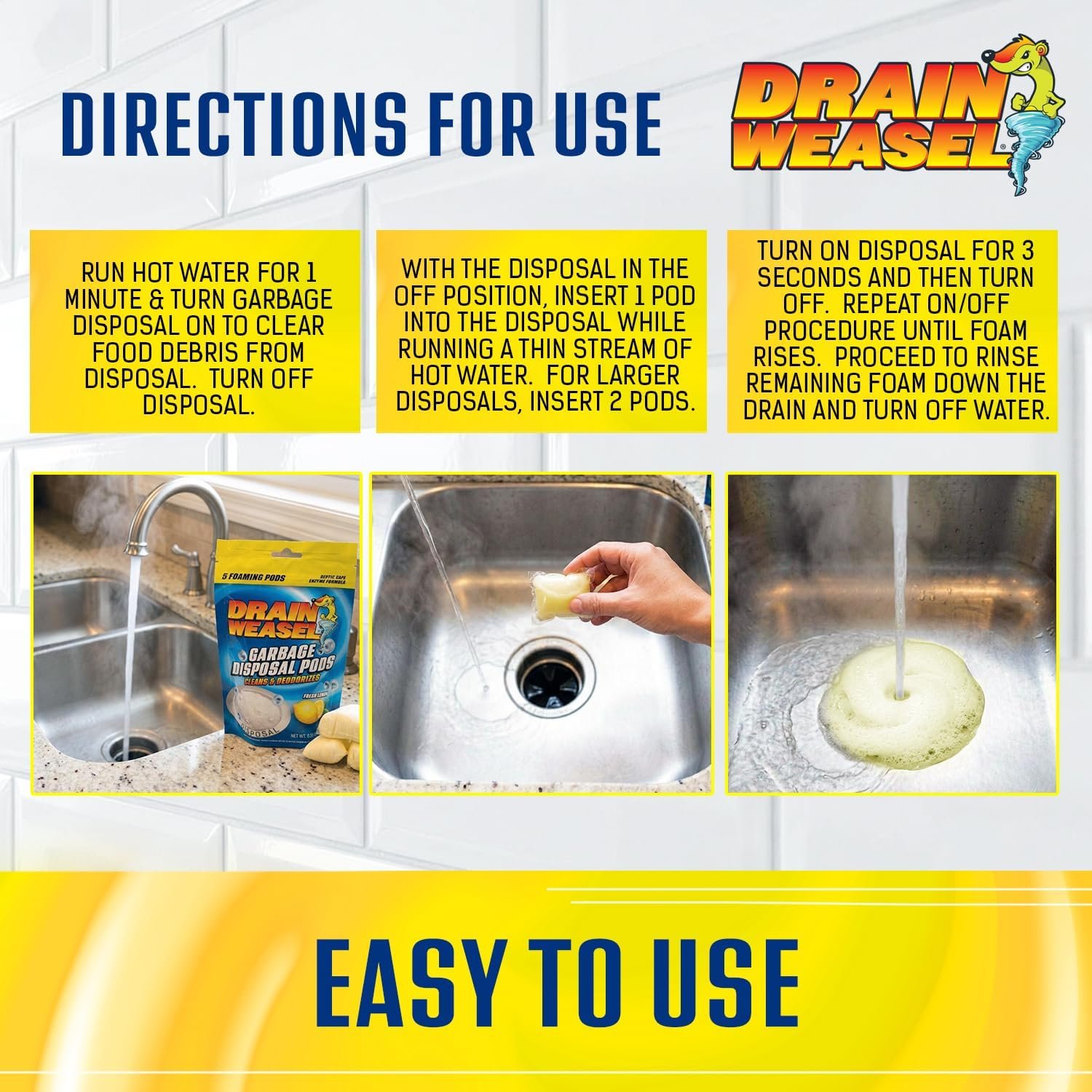 Drain Weasel Garbage Disposal Pods Cleaner and Deodorizer, Sink Odor Eliminator with Foaming Action, Septic-Safe Enzyme Formula, Fresh Lemon Scent, Pack of 5 - Image 4