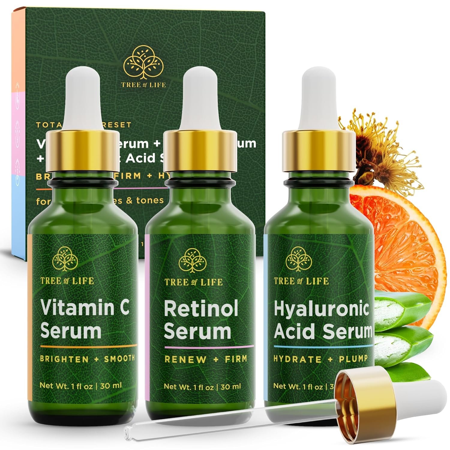 Tree of Life Face Serum Set - Vitamin C, Retinol & Hyaluronic Acid for Brightening, Firming & Hydrating - Anti Aging Skin Care Set - Dermatologist Tested - 1 Fl Oz (Pack of 3)