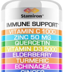 8 in 1 Immune Support with Quercetin Zinc 50mg Vitamin C 1000mg Vitamin D3 5000 IU and Elderberry Echinacea Ginger for Adults Kids – VIT D Supplement Veg Capsules