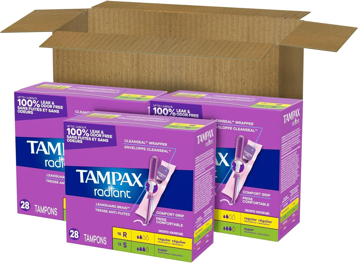 Tampax Radiant Tampons for Women Multipack, with LeakGuard Braid, Regular/Super Absorbency, Unscented, 84 Count (3 Packs of 28), Packaging May Vary - Image 14