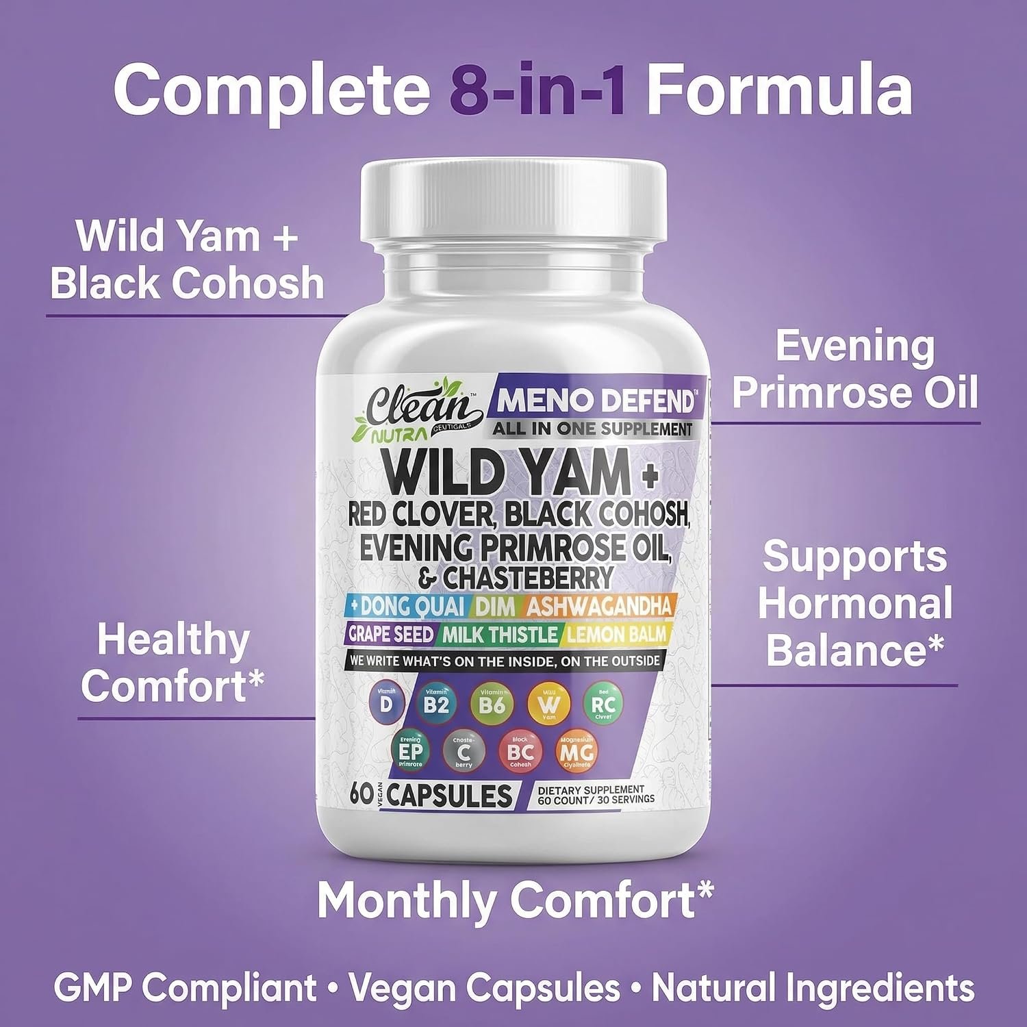 Clean Nutra Wild Yam Root Capsules with Red Clover Black Cohosh Evening Primrose Oil Chasteberry Dong Quai DIM Ashwagandha Grape Seed Extract Milk Thistle Lemon Balm and more Hormone Balance For Women - Image 8