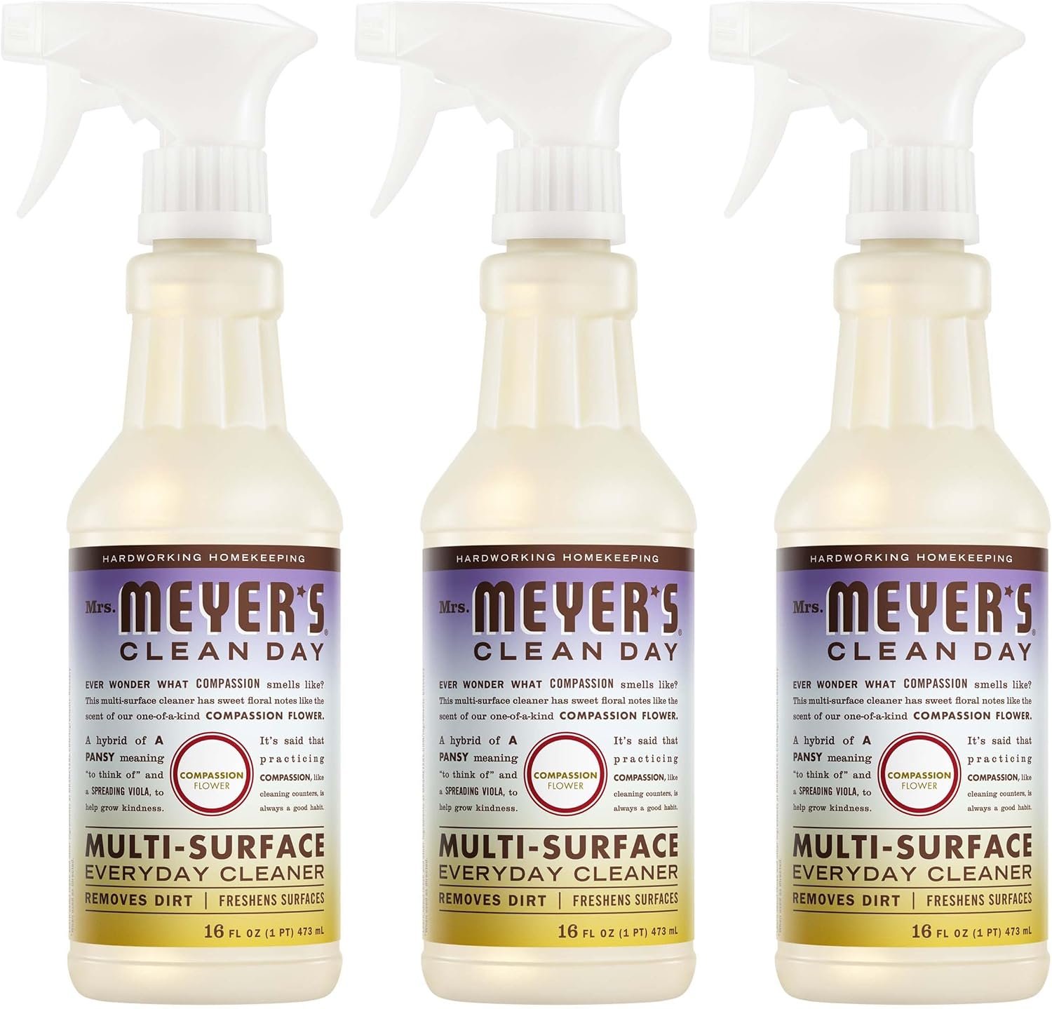 MRS. MEYER'S CLEAN DAY Multi-Surface Everyday Cleaner, Compassion Flower Scent, 16 Fl Oz Bottle - 3 Pack