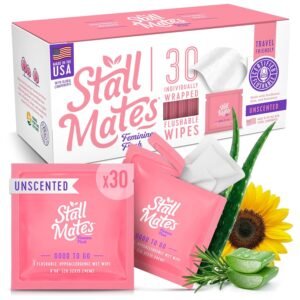 Stall Mates Fresh Feminine Wipes Individually Wrapped – Flushable Wipes, pH Balanced Wipes, Unscented with Sunflower, Rosemary & Aloe, Travel Essentials For Women- 30 On-The-Go Singles