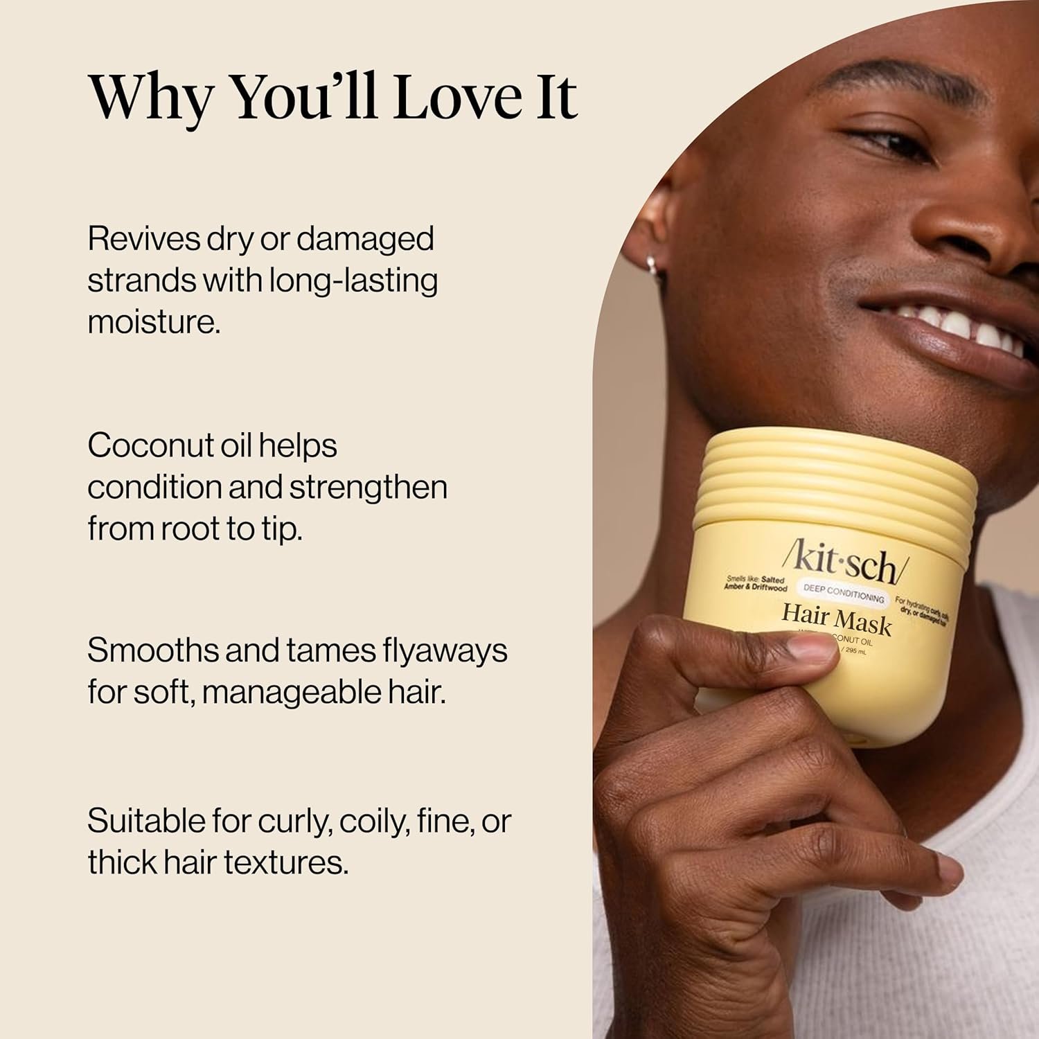 Kitsch Moisturizing Hair Mask for Damaged Hair – Coconut Oil Deep Conditioner for Women – Curly Hair Products Friendly – Frizz-Reducing Hair Care Treatment for Curly, Coily & All Hair Types – 10 oz - Image 3