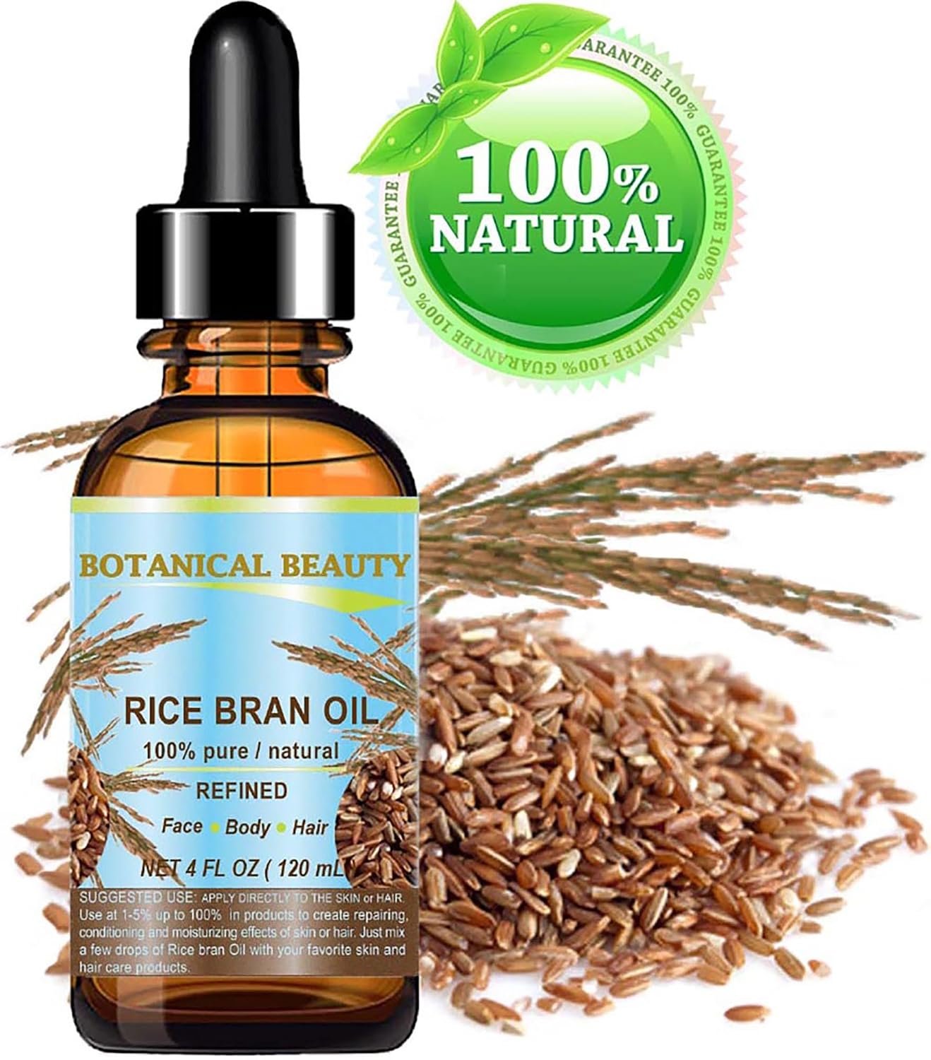 Botanical Beauty RICE BRAN OIL 100% Pure Natural Refined Undiluted Cold Pressed Carrier Oil for Face, Skin, Body, Hair, Massage, Nails. (4 Fl Oz) - Image 2