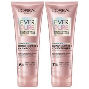 L’Oreal Paris Sulfate Free Bond Repair+ Shampoo and Conditioner Set with Bond + Amino Acid Complex, Strengthens and Repairs Damaged or Color Treated Hair, EverPure, 13.6 Fl Oz Set (Packaging May Vary)