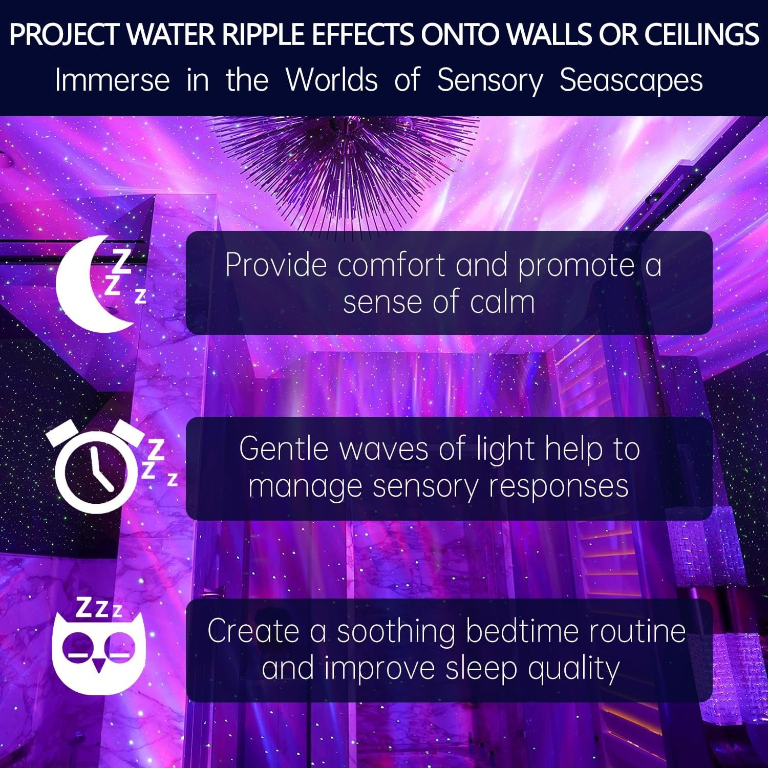 Calming Sensory Lights, Sensory Toys for Kids with Autism, Ocean Light Projector with 15 Color Patterns, Light Projects Water Ripple Effects onto Walls and Ceilings, Autism Toy,for Children and Adults - Image 2