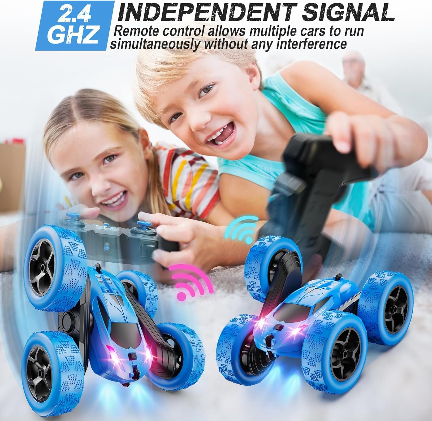 QUNREDA Remote Control Car, RC Cars Toys for Kids Ages 6-12, 4WD Stunt Car with LED Lights & 360° Flips, 2.4GHz, Upgraded USB-C Modular Batteries, 8-10 Year Old Boys Birthday Gift 1-Blue - Image 3