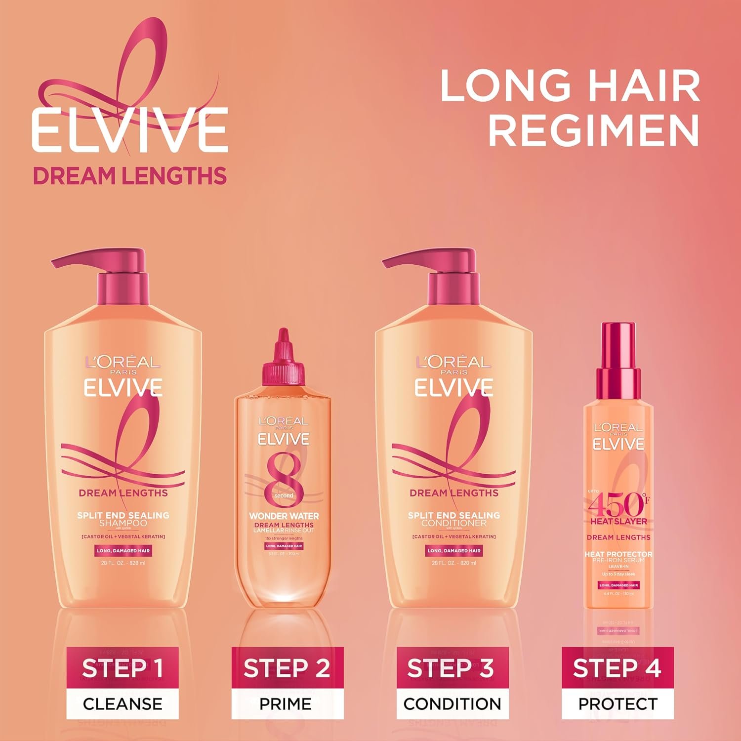 L'Oreal Paris Elvive Dream Lengths Shampoo and Conditioner Set, Seals Split Ends, Hydrating & Strengthening Hair Repair, Fine Castor Oil and Vitamins B3 and B5, 56 Fl Oz Set - Image 8