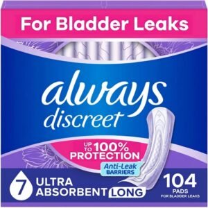 Always Discreet Adult Incontinence Pads for Women, Drier, 7 Drop Long Length, Ultra Absorbency, Pads for Bladder Control Management, Bladder Leaks, Overnight & Postpartum Pads, 104ct
