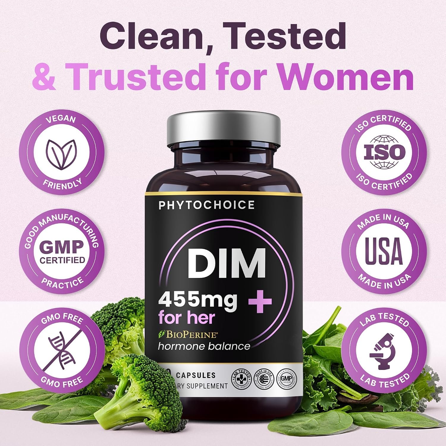 DIM for Women 350mg High Potency with BioPerine® & Broccoli Extract – 455mg Total Complex for Hormone Balance, Estrogen Metabolism, PMS & Menopause Support, Clear Skin & Women’s Wellness, 60 Capsules - Image 8