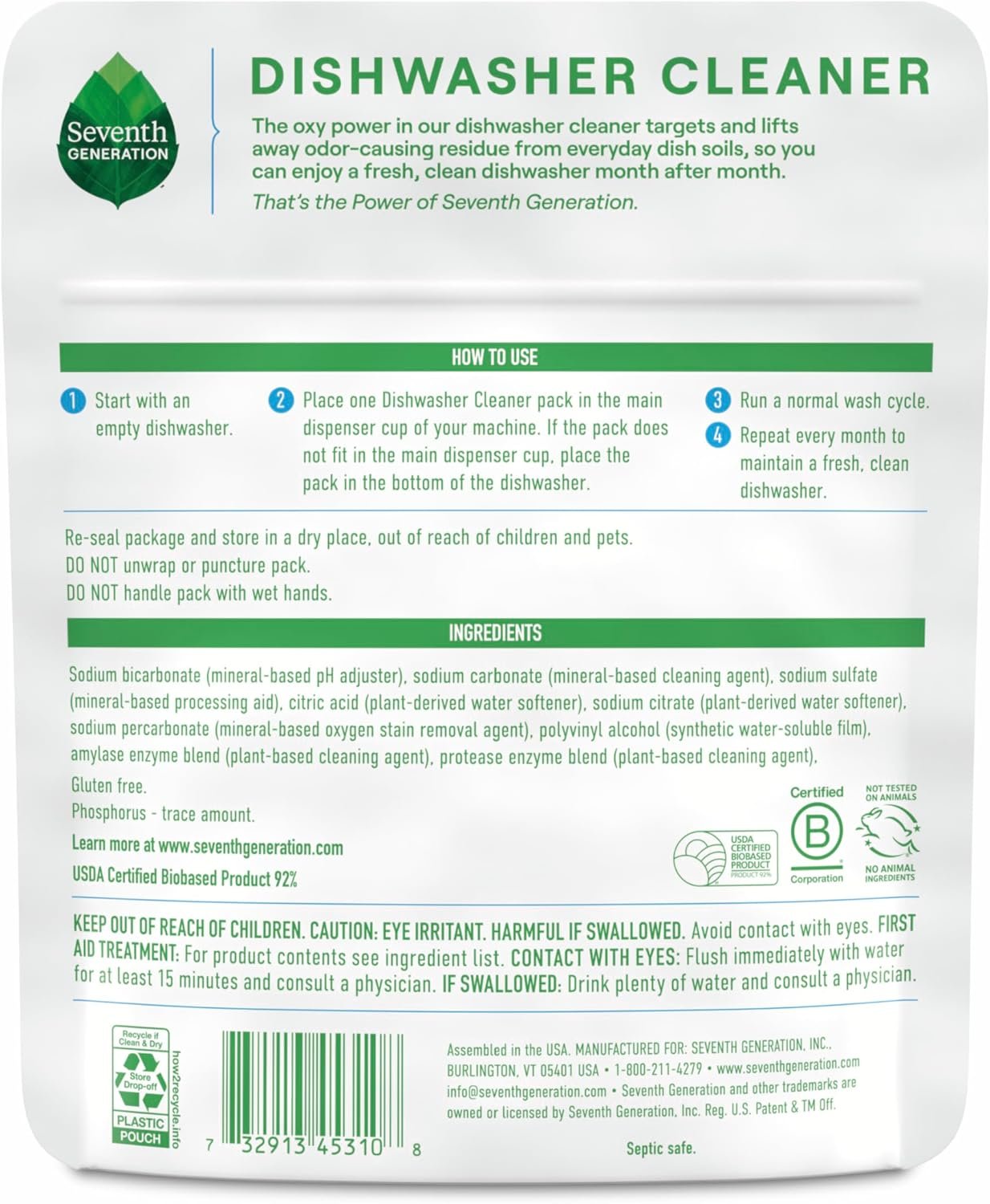 Seventh Generation Dishwasher Cleaning Packs 6 Count Free & Clear Removes odor-causing residue Powered by oxy power - Image 2