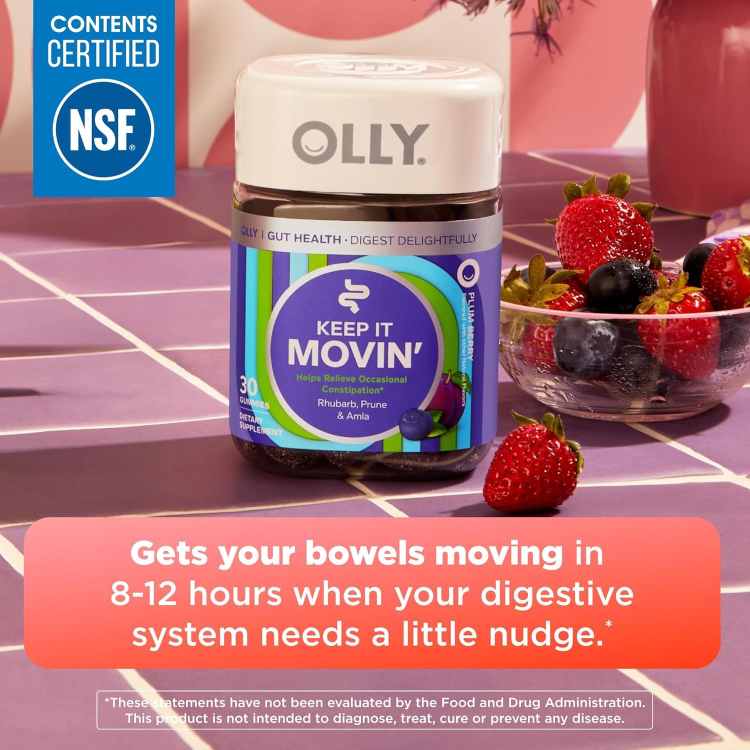 OLLY Keep it Movin' Gummy Supplement, Occasional Constipation Support,* Rhubarb, Prune, Amla Extracts - Plum Berry Flavored, 15 Day Supply - 30 Count - Image 2