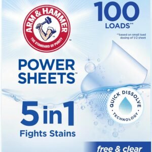 ARM & HAMMER 5in1 Power Sheets Laundry Detergent, Free & Clear, 50 Count, up to 100 Small Loads
