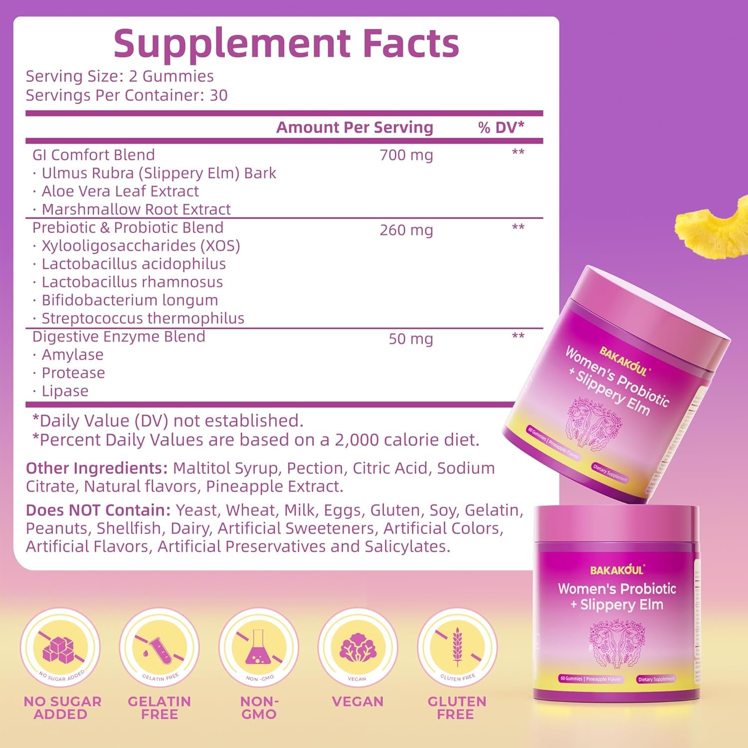 BAKAKOUL Feminine Probiotics Gummies for Women, Vaginal Probiotics with Slippery Elm,Prebiotics & Probiotics Supports pH Balance,Immune Health, Vegan, Non-GMO, Pineapple Flavor,60 Gummies 1 Pack - Image 2