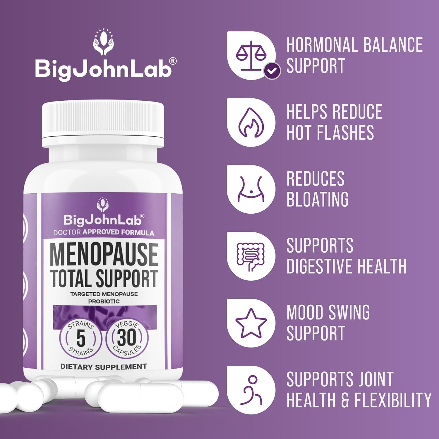 BIGJOHNLAB® - Menopause Total Support – Advanced Probiotic Formula with 5 Strains & 15 Billion CFU, Resveratrol, Black Cohosh, Acacia Fiber, Non-GMO & 100% Vegetarian - Image 4