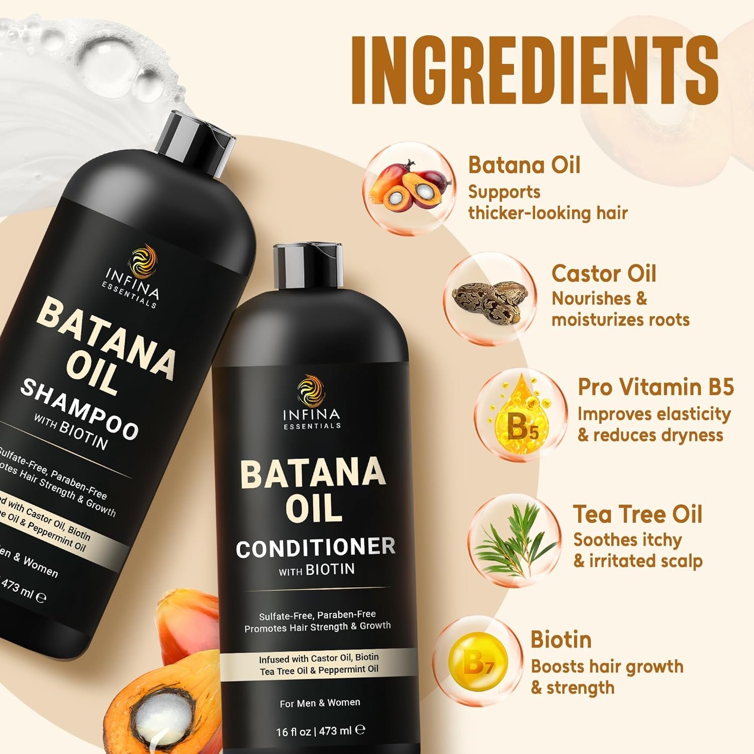 INFINA ESSENTIALS Batana Oil Shampoo and Conditioner Set | 16 fl oz Each | with Biotin & Tea Tree | Moisturizing, Strengthening & Nourishing Formula | Promotes Hair Growth and Thickness - Image 4