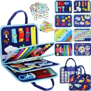 Esjay Toddler Busy Board Montessori Toys for Boys, Sensory Book Educational Activities for Learning Fine Motor Skills, Birthday Gifts for Boys Toddlers, Travel Toys for Airplane Car, Blue Dinosaur