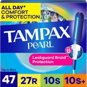Tampax Pearl Tampons for Women Multipack, with LeakGuard Braid, Regular/Super/Super Plus Absorbency, Unscented, 47 Count