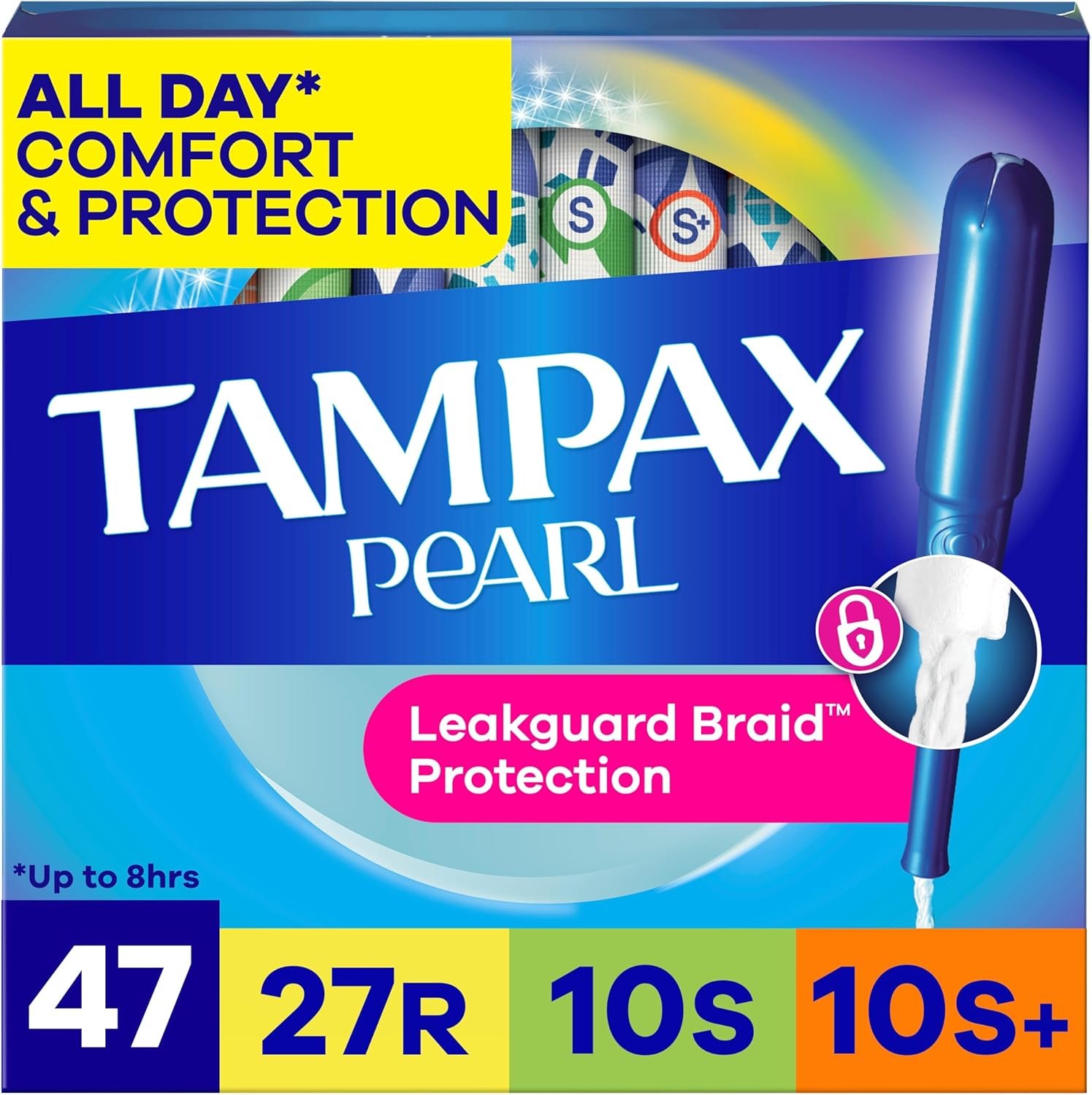 Tampax Pearl Tampons for Women Multipack, with LeakGuard Braid, Regular/Super/Super Plus Absorbency, Unscented, 47 Count