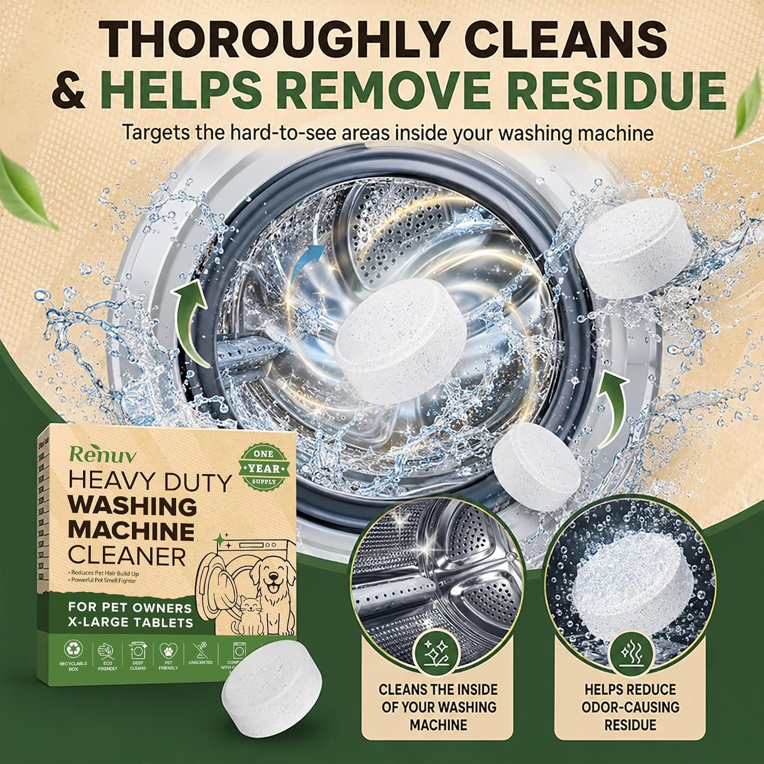 Renuv® Heavy Duty Washing Machine Cleaner For Pet Owners, 12 XL Tablets | For Dog & Cat Hair, Removes Stink, Odor, Residue, Grime, Front Load or Top Load Washer, HE and Septic Safe, 1 Year Supply - Image 7
