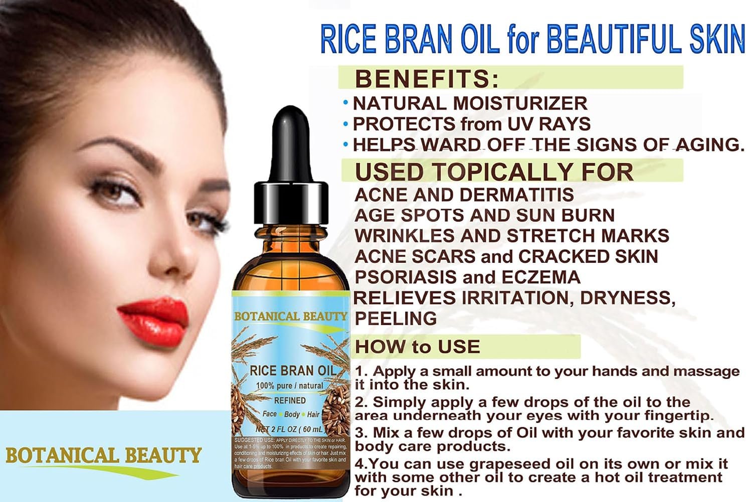 Botanical Beauty RICE BRAN OIL 100% Pure Natural Refined Undiluted Cold Pressed Carrier Oil for Face, Skin, Body, Hair, Massage, Nails. (4 Fl Oz) - Image 5