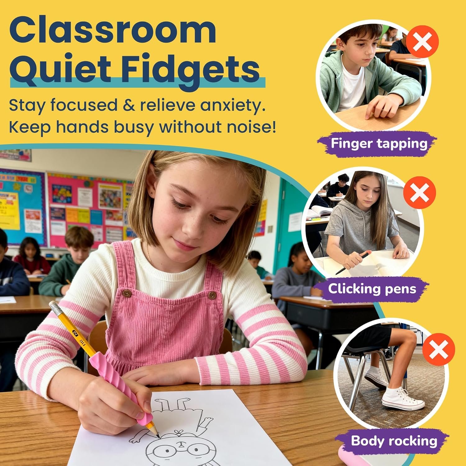 8-Pack Sensory Fidget Pencil Grips for Kids & Adults with ADHD, Autism & Arthritis – Textured Quiet Fidget Toys for Focus, Anxiety Relief & Handwriting Support at Classroom, Home or Work - Image 5