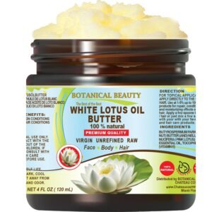 Botanical Beauty WHITE LOTUS OIL BUTTER 100% Natural. White Lotus Essential Oil in Shea Nut Butter for FACE, SKIN, BODY, HAIR, NAILS. Beauty Skin Moisturizer Oil Butter (4 Fl Oz)
