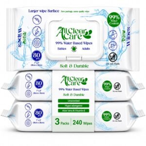 All Clear Care Baby Wipes, Unscented for Sensitive Skin, Large Soft Durable & 99% Water Based, Gentle & Hypoallergenic for Babies & Adults, Vitamin E and Aloe, Flip Top Lid, 3 Pack (240 Wipes)